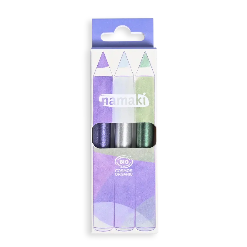 3 Crayons de maquillage pailletés violet, argent, vert