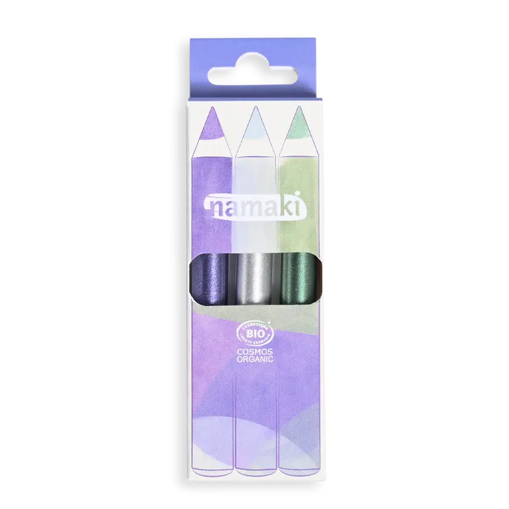 3 Crayons de maquillage pailletés violet, argent, vert