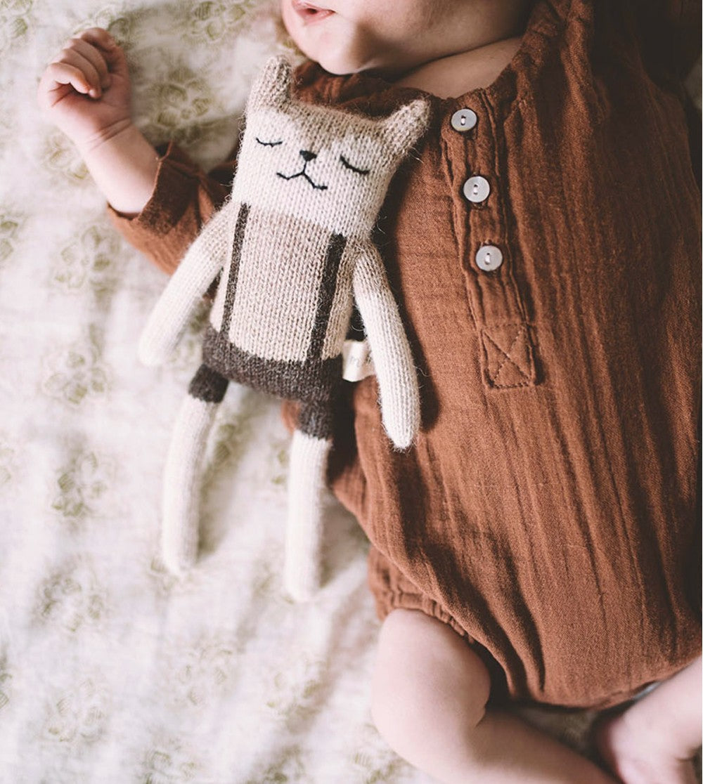 Bébé avec Petit faon tricoté en laine avec salopette