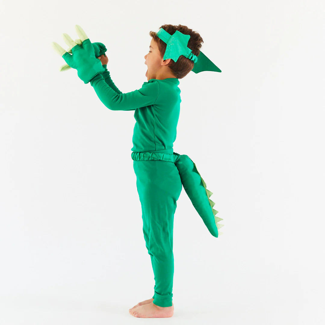 Enfant avec Griffes et Queue de dinosaure en soie verte 