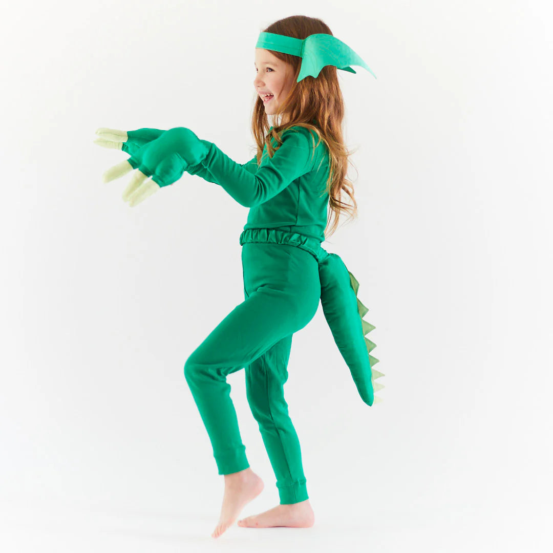 Fille avec Griffes et Queue de dinosaure en soie verte 