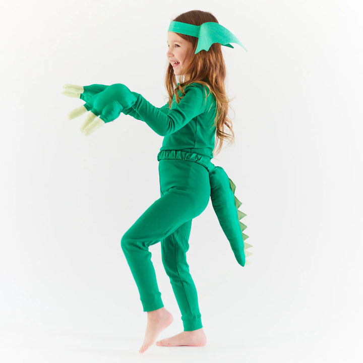 Fille avec Griffes et Queue de dinosaure en soie verte 