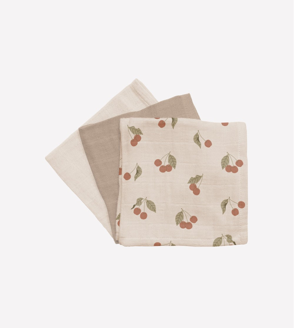 Trio mini langes en mousseline Cerises, sable et écru