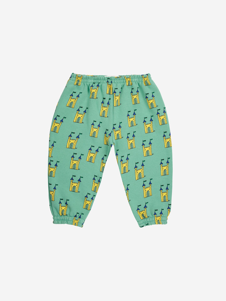 Pantalon jogging en coton vert avec imprimé châteaux 