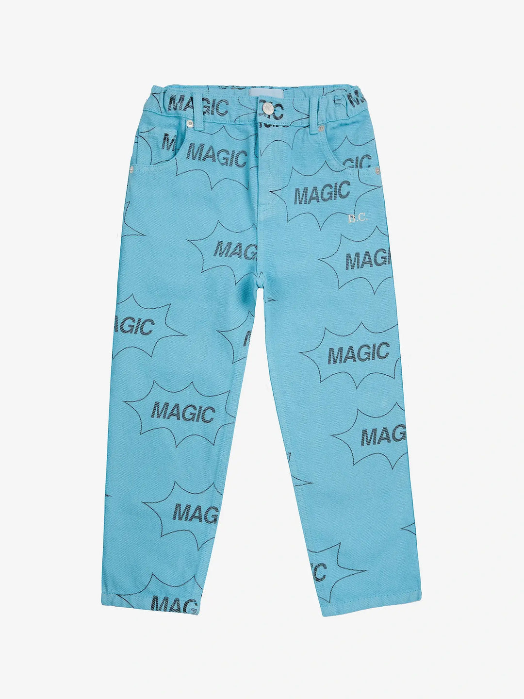 Pantalon baggy en denim bleu pâle avec de bulles de dialogue avec le mot magic