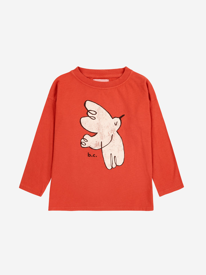 T shirt manches longues en coton rouge avec oiseau blanc