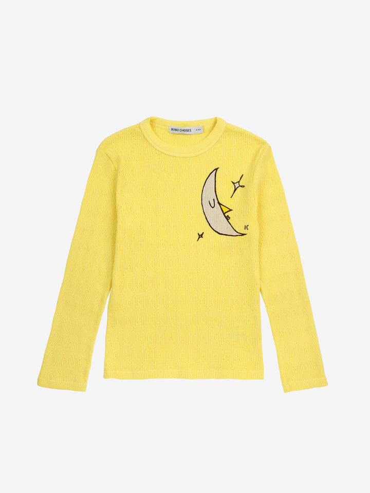 T shirt moulant manches longues jaune avec imprimé lune 