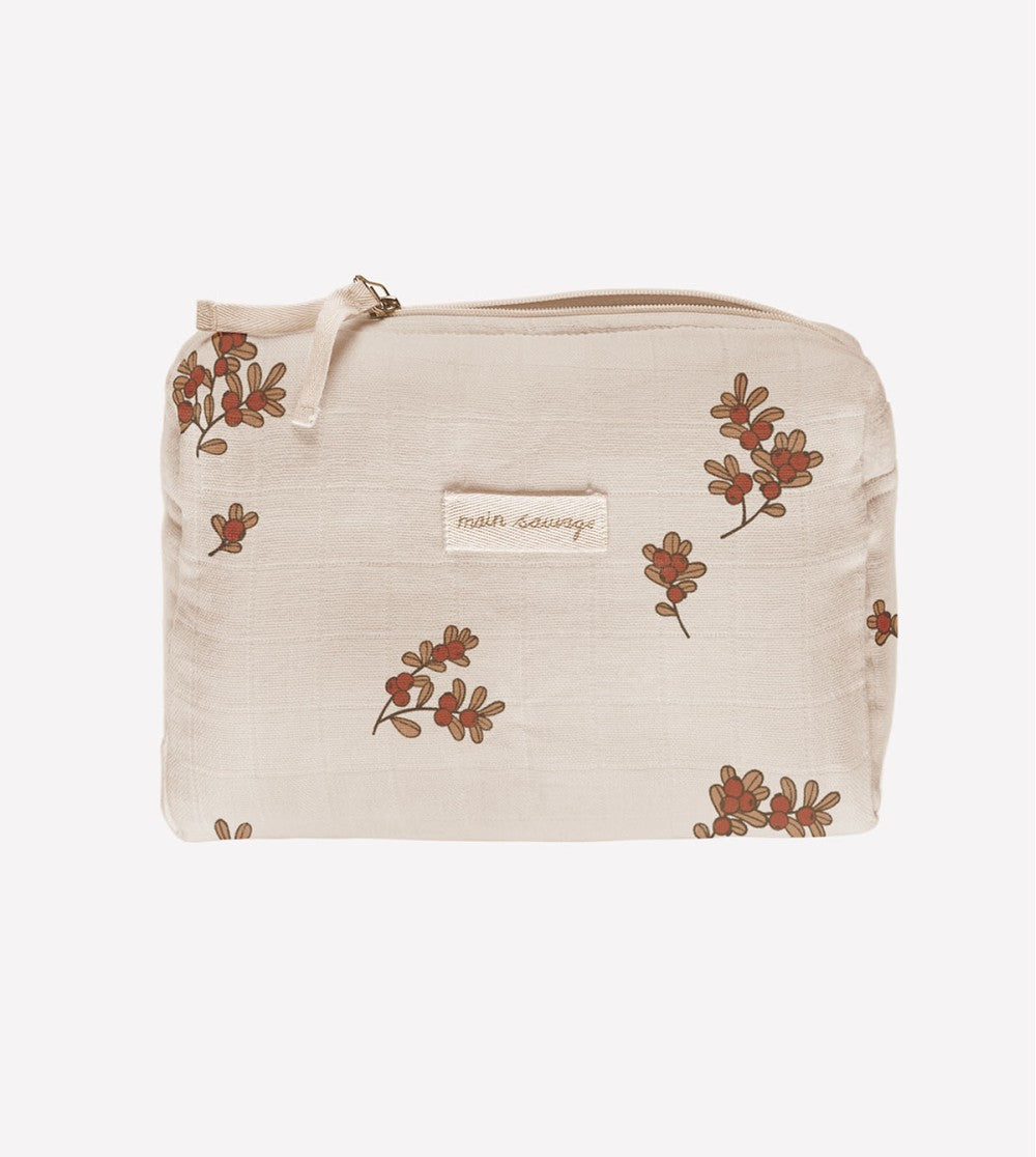 Trousse de toilette en coton beige avec imprimé airelles