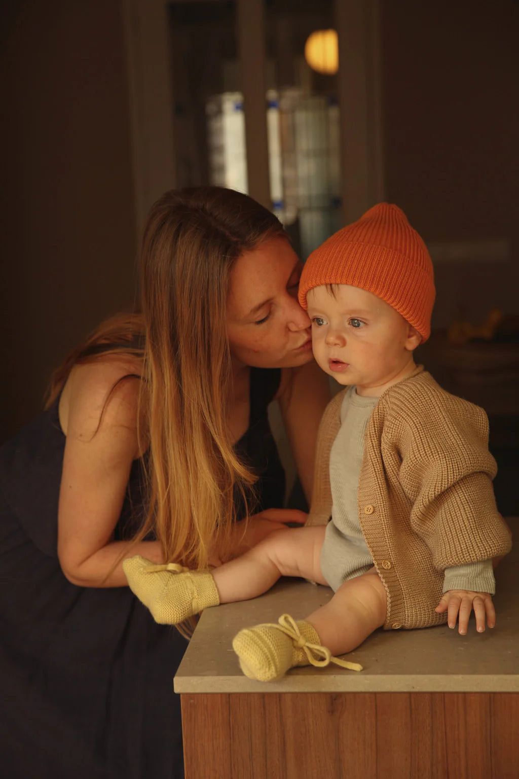 Maman et bébé avec Tuque en laine mérinos Orange