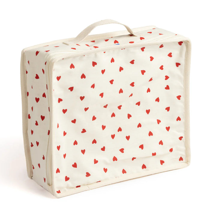 Valise en coton et lin blanc avec imprimé coeurs rouges