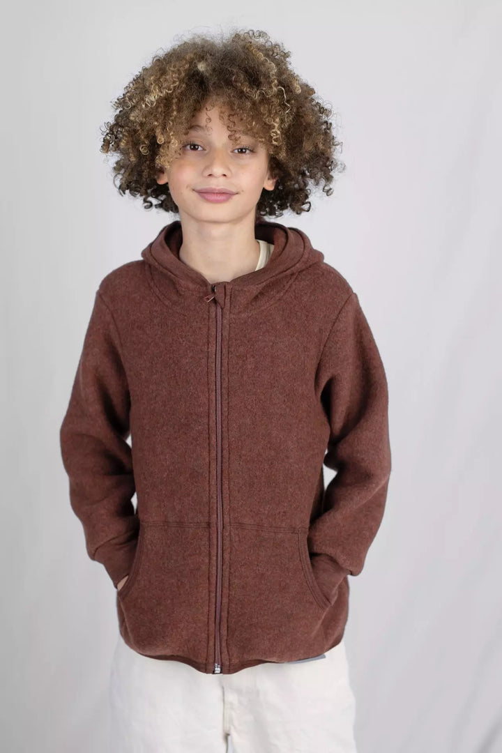 Enfant avec Veste à capuche et fermeture éclair en mérinos Cannelle