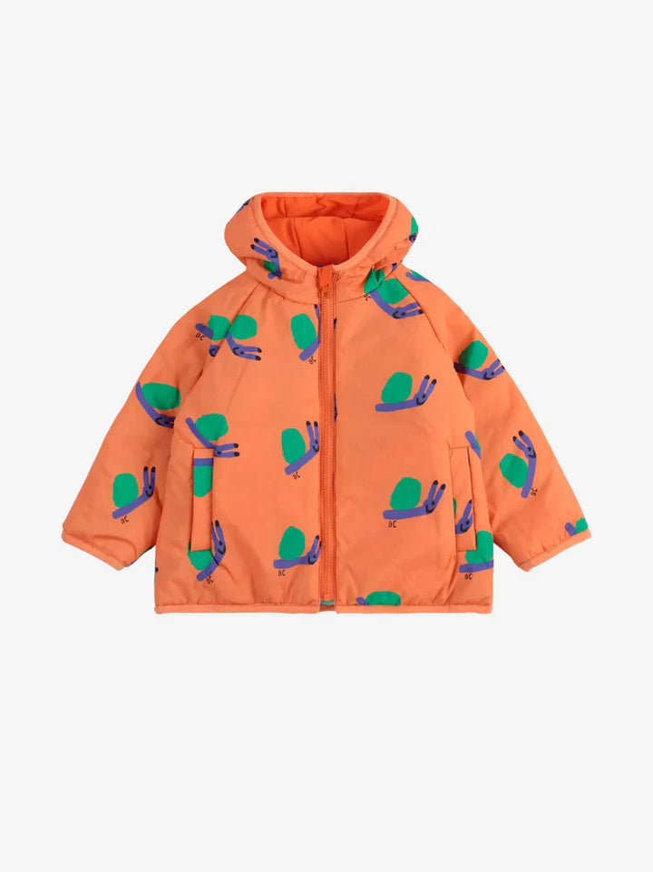 Veste réversible pour bébé en 100% Polyamide recyclé orange avec imprimé escargots 