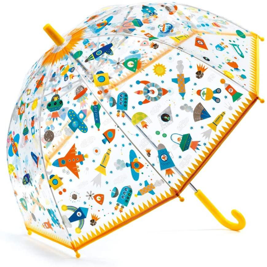 djeco clear plastic umbrella with space print parapluie en plastique clair avec imprimé d'espace