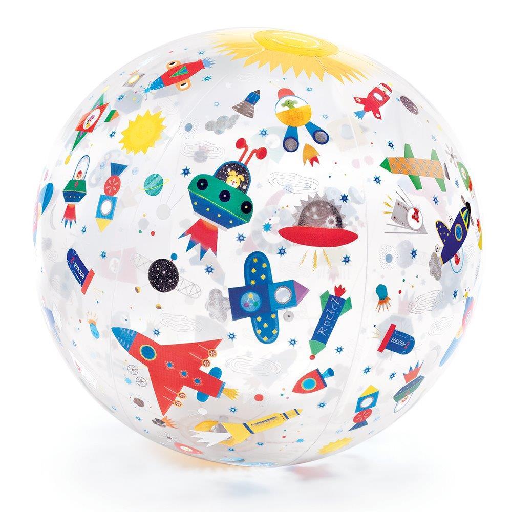 djeco clear beach ball with space-themed print, ballon de plage transparent à imprimé thématique de l'espace