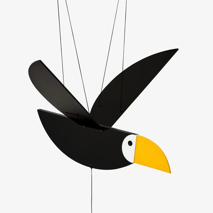 Mobile toucan en bois noir, blanc et jaune