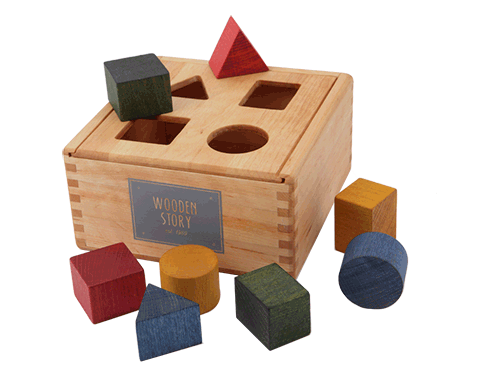 Cube à formes géométriques wooden story montreal quebec shape sorter box