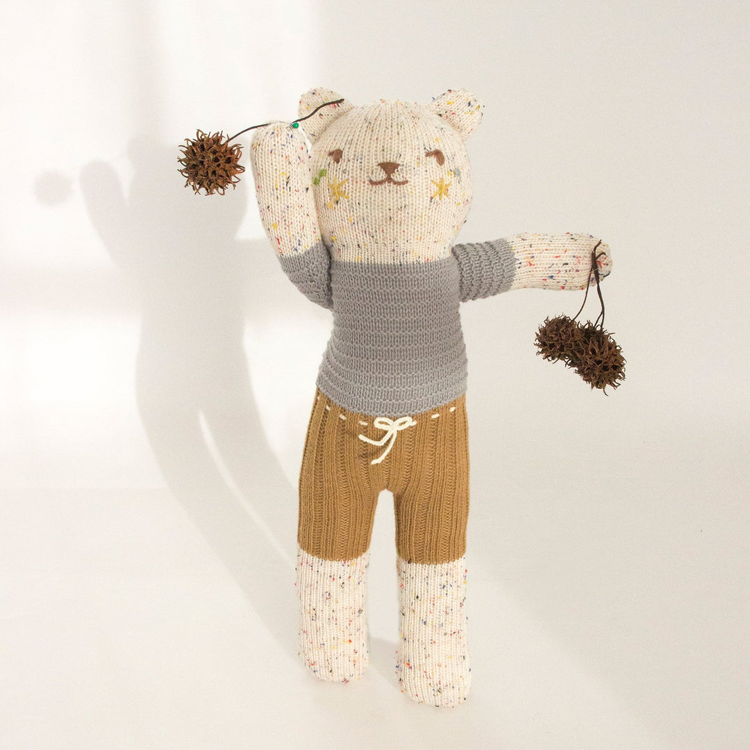 bear knitted plush doll with grey t-shirt and brown pants