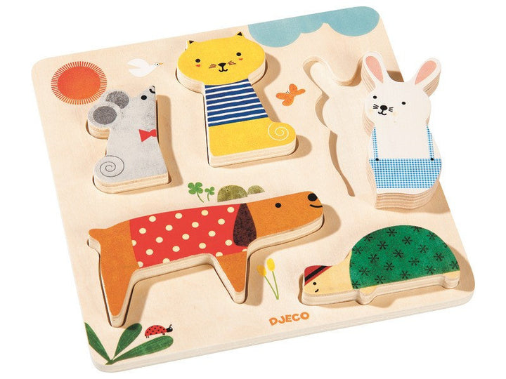 djeco woodypets shape sorting puzzle with animals, casse-tête de formes à encastrer animaux