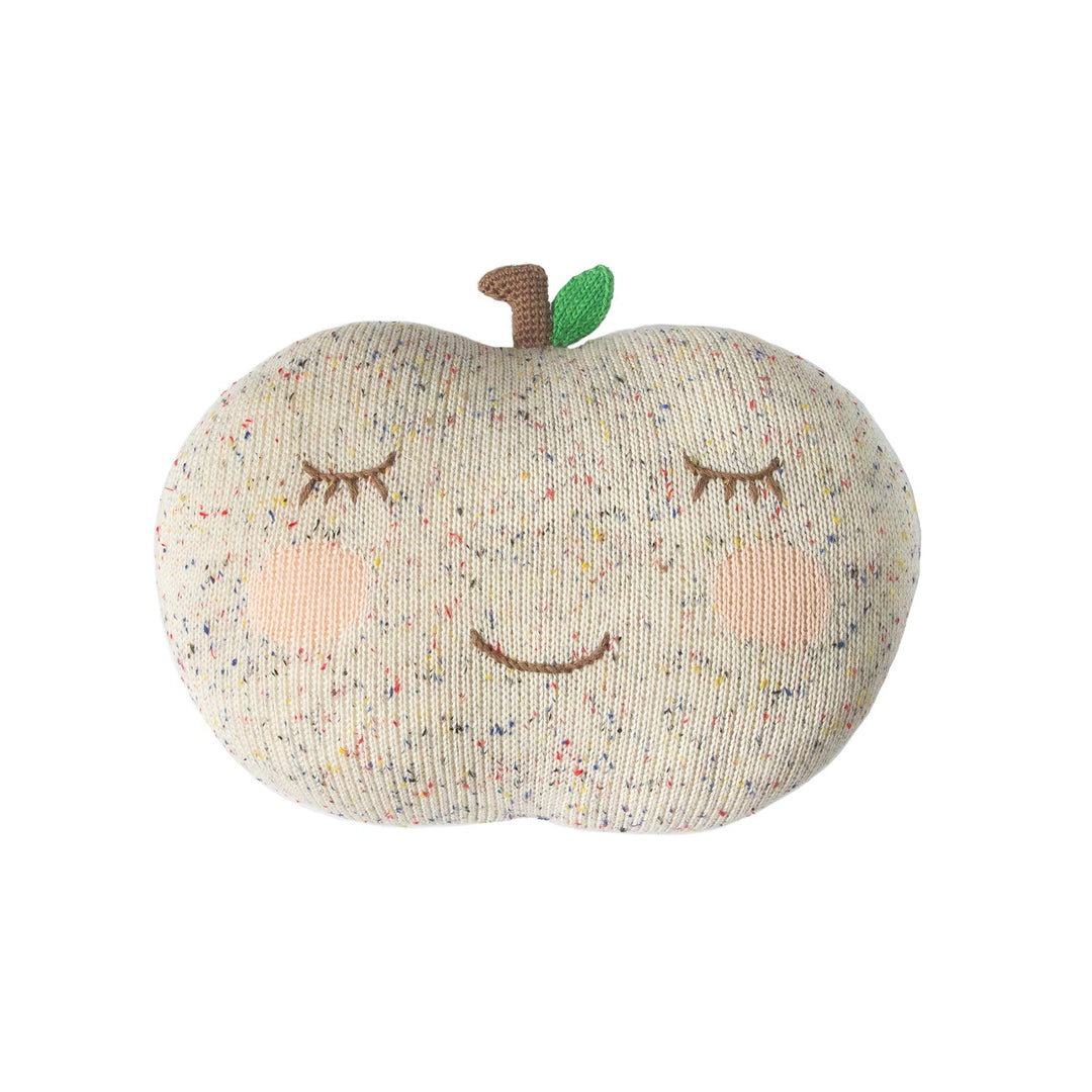 apple knitted cussion with closed eyes, grey knit with multi-colored specks